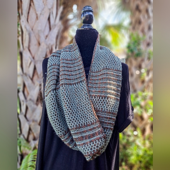 Knit Round Scarf Neckwarmer One of a Kind Soft Wool Brown Silver Blue Striped